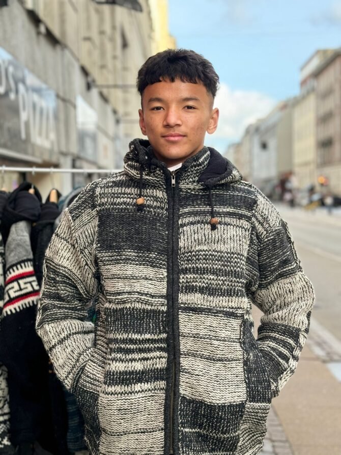 Handmade Woolen Jacket with Monochrome Patchwork – Nepalese Artisan Hoodie